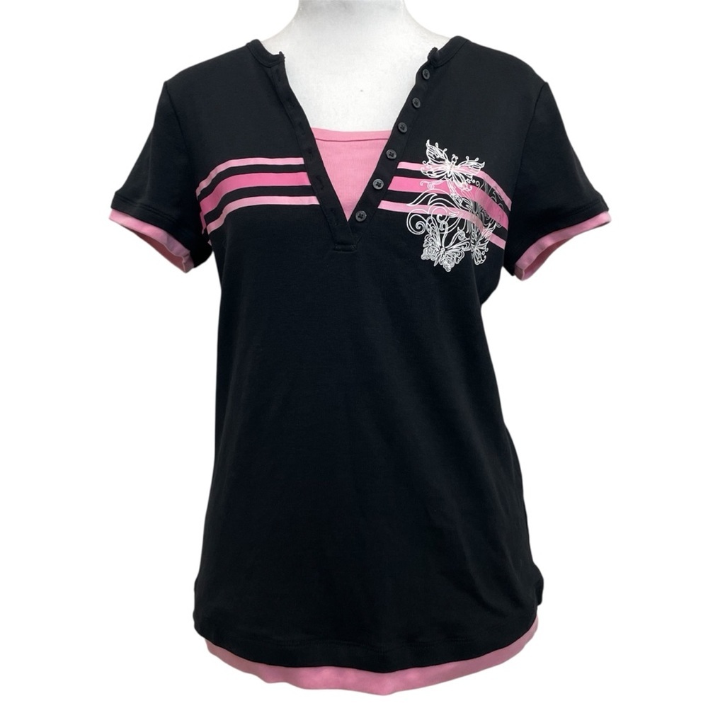 Essentials by Maggie Vintage 90s Black & Pink Preppy Butterfly Stripe Shirt